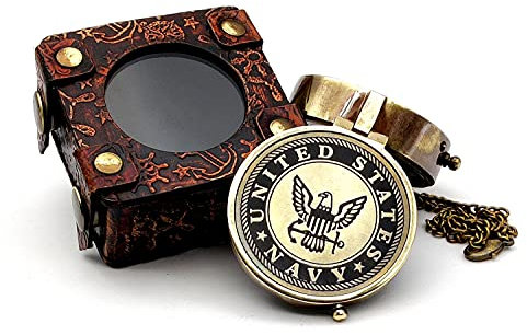 5MOONSUN5 Militär-Kompass mit US-Marine-Gravur, Messing, nautisches Marine-Geschenk, ein perfektes und einzigartiges Geschenk für Armee-Person, Jagd, mit Ledervitrine