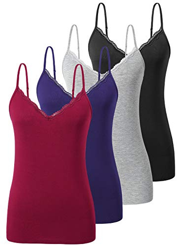 vislivin Débardeur pour Femme Caraco en Dentelle Débardeur à col en V Camisole Sangle Spaghetti Réglable Top Noir/Gris/Bleu foncé/Vin Rouge L