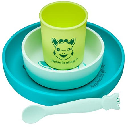 Sophie la Girafe - Set de Repas Sopie la Girage en Silicone - 1 Assiete, 1 bol, 1 verre et une cuillere Passe au Lave Vaisselle et micro-ondes