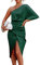 CUPSHE Damen One Shoulder Kleid in Satinoptik Raffungen Beinschlitz Asymmetrischer Partykleid Cocktailkleid Midi Dress Smaragdgrün M