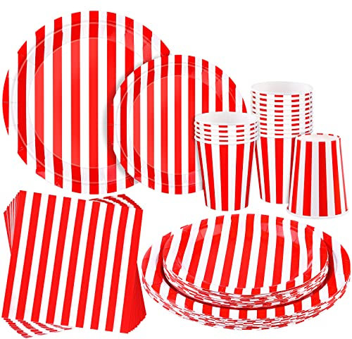durony 64 Pieces Carnival Table Decorations White and Red Striped Paper Plates Napkin Cup Circus Theme Party Decorations for Carnival, Birthday, Picnic Party