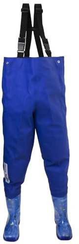 Dönges Kinder-Wathose, wasserdichte Regenhose für Jungs und Mädchen, ungefüttert mit Watstiefeln und Verstellbaren Hosenträgern, Größe 28/29 Blau, Outdoor Buddelhose für Regen, Matschhose