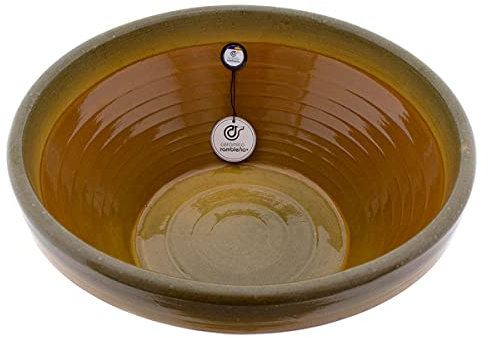CERAMIQUE RAMBLEGNE | LEéclat rustique jaune décoré | LEéclat en terre cuite grande | Saladiers originaux | grands saladiers | LEéclat ancien – Modèle M02 | 40 x 40 x 17 cm