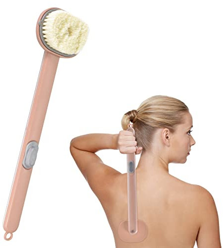 Liquid Bath Brush with Long Handle, Removable Back Bath Sponge Scrub Built-in Shower Gel Sink, One Touch Bubble Back Bath Brush, Exfoliating Body Brush, for Body Back Cleansing(Pink)
