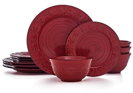 Pfaltzgraff Trellis Snowflakes 12 Piece Dinnerware Set, Service For 4, Red
