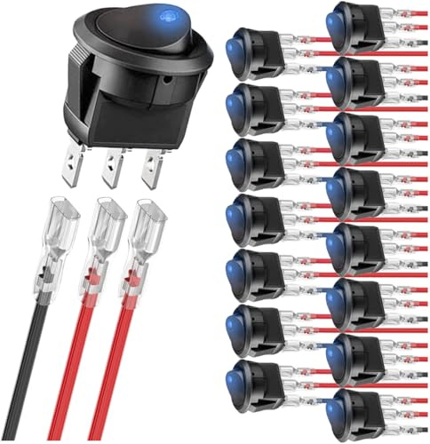 MKBKLLJY 16St. DC 12V 20A beleuchteter runder Wippschalter 3Pin verdrahtetes blaues LED-Licht Power On Off Schalter SPST Kippschalter fürBoot Auto mit 48 Stck. verriegelten Anschlussdrähten