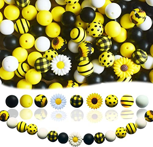 Set Di 128 Perline in Silicone Per Realizzare Portachiavi, 15mm Perle Di Silicone Giallo Nero Colorate Rotonde Per Artigianato Per Bracciali, Fiore Di Sole Perline Kit Catenella Portaciuccio Fai Da Te