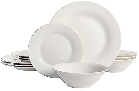 Gibson Home Zen Buffet Round 12 Piece Porcelain Chip and Scratch Resistant Dinnerware Plates and Bowls Set, Scratch & Chip Resistant