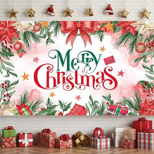 Frohe Weihnachten Banner, Aquarell Rot Weihnachtsdeko Banner Outdoor mit Weihnachtsstern Blumen Geschenk Muster, Weihnachts Deko Merry Christmas Banner für Außen Wand Party Dekoration, 72,8 x 43 Zoll