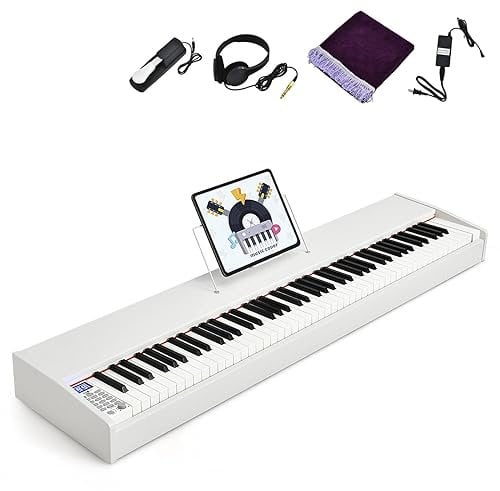Maxmass 88 Key Electronic Keyboard, Full Size Weighted Digital Piano with Music Stand, Headphone, Foot Pedal, Piano Cover, MIDI & Audio Function, Musical Instrument Piano for Kids Adults (White)
