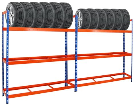 PROREGAL Mega Deal 2X Étagère à pneus Tiger XL | HxLxP 200x180x45cm | Charge Max. 300kg | Jusqu'à 42 pneus | Bleu/Orange | Porte-Pneu, Rack à pneus, rayonnage, Stockage, Rangement, Support, Atelier