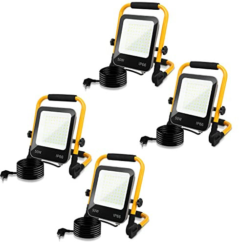 Fiqops LED Baustrahler 50W, 5100LM Arbeitsleuchte LED Fluter 4x, Austellenlampe Strahler, IP66 Wasserdicht, Tragbar Arbeitsscheinwerfer 6000K Kaltweiß Baulampe Werkstatt, 3M Kabel, Faltbarer Ständer