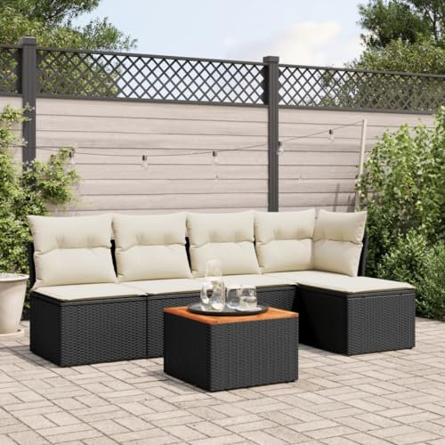 QJBSAVVA 6-TLG. Garten-Sofagarnitur, Lounge Tisch Eckbankgruppe Sitzlounge Garten Loungemöbel Terrasse Geeignet für Außen Balkon Wenig Platz Garten mit Kissen Schwarz Poly Rattan