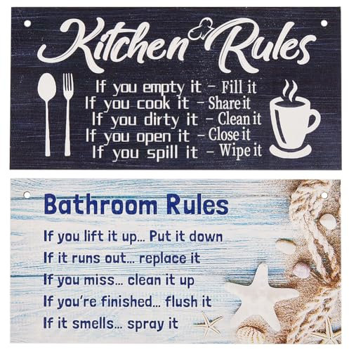 CREATCABIN 2Pcs Kitchen Rules Wood Sign Bathroom Rules Wood Plaque Hanging Decor for Door Sign Rustic Rectangle Wooden Painting Hanging Wall Art Jute Rope Hanging Decoration for Home 7.87x3.94Inch