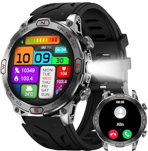 Smart Watch militare da uomo con torcia LED (rispondere/effettuare chiamate), 1,43 '' AMOLED robusto 1ATM impermeabile Smart Watch con 100+ modalità sportive/bussola, fitness tracker con frequenza