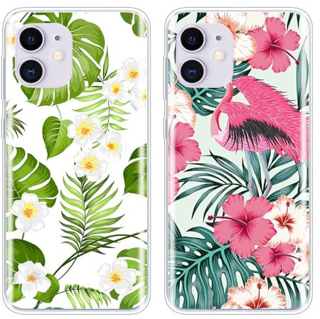 SEHEYA 2 Stück Hüllen für iPhone 11 Hülle Silikon Süß Druck Weiche TPU Klare Handyhülle mit Motiv Ultra Dünne Kamera Schutz Case Schutzhülle Cover, Blumen Flamingo