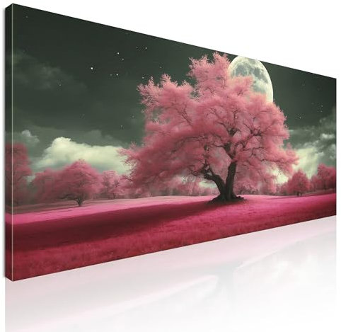 CheQuadro! Quadro astratto moderno, decorazione soggiorno grande, Paesaggio Notturno con Alberi Rosa e Luna Piena Fantasy, su tela, intelaiato pronto da appendere bow29-90x40 cm