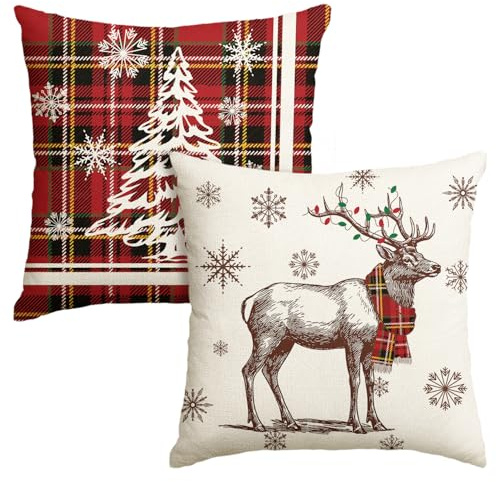 Artoid Mode Rot BüffelKaro Weihnachtsbaum Rentier Weihnachten Kissenbezüge 2er Set, 45x45 cm Schneeflocken Zierkissenbezug Cushion Cover Couch Deko