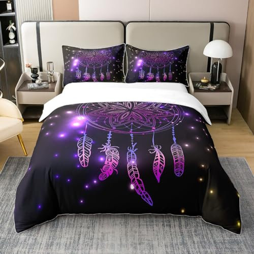 Loussiesd Lila Traumfänger Bettwäsche Set 220x240cm 100% Baumwolle Mädchen Frau Böhmen Feder Bettbezug Set Stammes Exotisch Mandala Traumfänger Bettwäsche mit 2 Kissenbezug 80x80cm