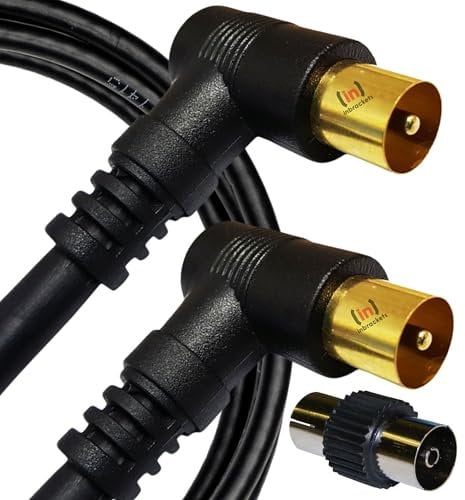 Inbrackets TV Aerial Cable Male Coax Plug to Male Coax Plug TV Aerial Cable with 90 Degree Right Angled Gold Plated Connectors – BLACK Length: 2M