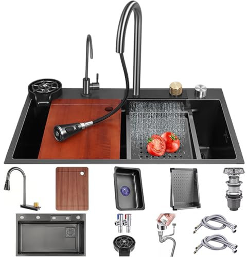 generisch Fregadero de cocina de acero inoxidable con diseño de cascada y grifo 3 en 1, fregadero individual multifuncional con fregadero de drenaje, cesta de drenaje, tabla de cortar, lavaplatos,