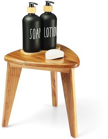 TeakAura Taburete de ducha de teca, banco de ducha de teca, silla de madera impermeable para ducha interior, reposapiés de spa de 12 pulgadas para afeitarse piernas, taburete organizador de teca,