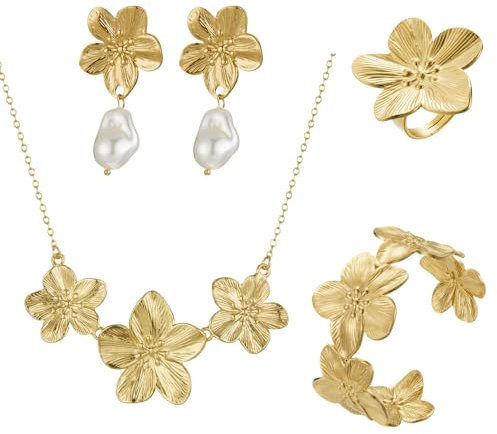 TOFBS Schmuckset für Damen Zarte Blume Metall Blatt Halskette Verstellbares Armband Tropfen Ohrringe und Ring Set Hypoallergene Modeschmuck Geschenke(Gold)
