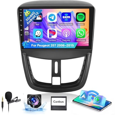 Hikity 8 Cœurs 2G 64G Autoradio Bluetooth pour Peugeot 207 2006-2015 sans Fil Carplay Android Auto, 9'' Écran Tactile Android Radio Navi GPS WiFi Mirror Link FM RDS 32EQ DSP SWC Caméra de Recul