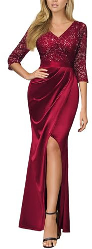 MIUSOL Women's Vintage Lace Sequin Insert Contrast Wrap Ruched Split Hem Satin Evening Party Formal Long Dress (Large, Red)
