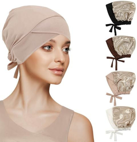 Muslimische Hijab-Hijab-Mütze für Damen, Satin-gefüttert, Kreuzbindung, Hijab-Unterkappe, Innenunterschal, Turban-Hut, 4 Stück, Kreuz, schwarz, kaffeefarben, rosa, weiß, Einheitsgröße