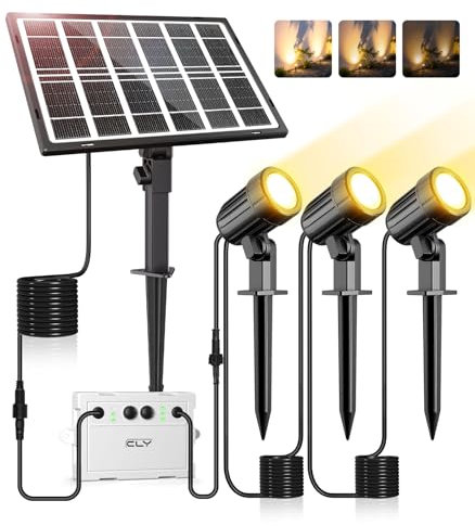CLY Spot Solaire Extérieur Blanc Chaud, Projecteur Exterieur Solaire 2 Modes Dynamiques 3 Luminosité Lampe Solaire Exterieur Jardin 5000mAh Eclairage Exterieur Solaire P66 pour Chemin Cour 3 EN 1