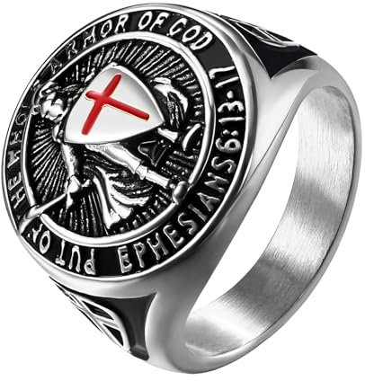 JewelryWe Heiliger Michael Ring Herren: Silber Edelstahl Herren-Ring Erzengel St. Michael Kreuz Schild Runde Siegelring Fingerring Schutzpatron Band Ring Katholische Religiöse Amulett Schmuck Größe 62