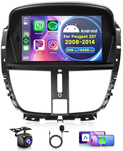 2G+64G sans Fil Carplay Android Autoradio 2 Din pour Peugeot 207 2006-2015 avec Android Auto GPS Navi WiFi 7 Pouces Autoradio avec Mirror Link Bluetooth FM/RDS/EQ Commandes au Volant Caméra de Recul