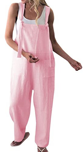 Latzhose Damen Arbeitskleidung 90er Jahre Outfit Musselin Jumpsuit Romper Sommer Arbeitsoverall Cotton Leinen Rosa, S