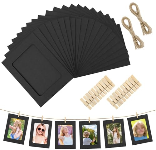 20 Stück Papier-Bilderrahmen mit Clips und Schnüren, 10,2 x 15,2 cm, schwarzer Papier-Bilderrahmen, DIY-Clip, Fotohalter, Fotos, zum Aufhängen, Banner für Zuhause, Büro, Hochzeit und Party