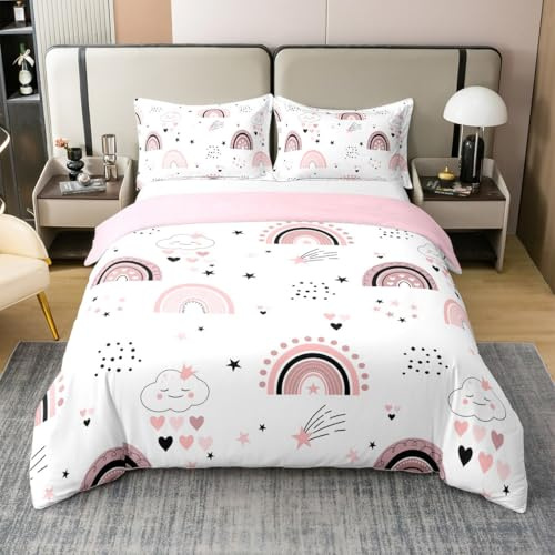 Loussiesd Rainbow 100% Baumwolle Bettwäsche Set 135x200cm Pink Regenbogen Bettbezug Aesthetic Clean Girl Betten Kinder Mädchen Rosa Bettwäsche-Set