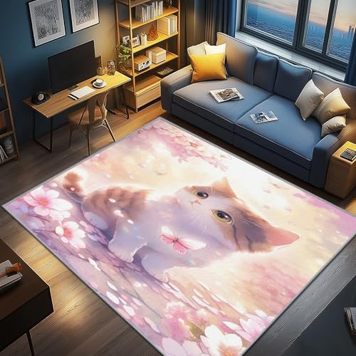 AevuCub Katze Deko, Niedliche Katzenmotiv Teppich 60x90 Kurzflor, Kleiner Teppich Wohnzimmer Rosa Blumen, Weich rutschfest Waschbare Teppiche, Bettvorleger Schlafzimmer Kinderzimmer