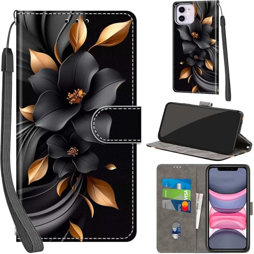 Haninsuze Phone Case for iPhone 11 6.1-inch, Leaves flowers | 3 Card Slots, Magnetic Closure, Kickstand, Shockproof, PU Leather, Wallet Book Flip, Lanyard Strap