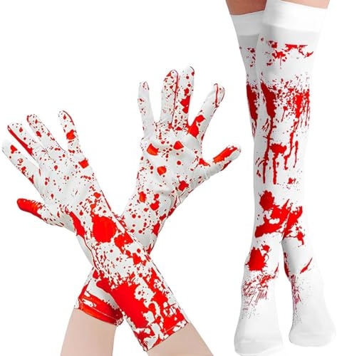 KUMSODE Halloween Blutige Handschuhe Socken Set Halloween Blut Handschuhe+Halloween Blutige Socken Halloween Overknee Blutiger Aufdruck Weiche Blutflecken Terror für Cosplay
