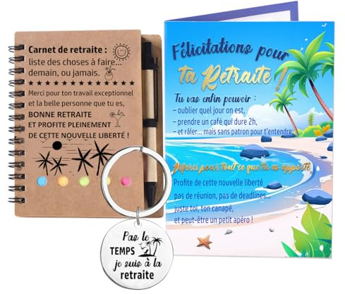 Geschenk zum Ruhestand der Kollegin – Erinnerungsbuch + lustige Ruhestandskarte + Schlüsselanhänger – Geschenkidee zum Ruhestand für Herren und Damen