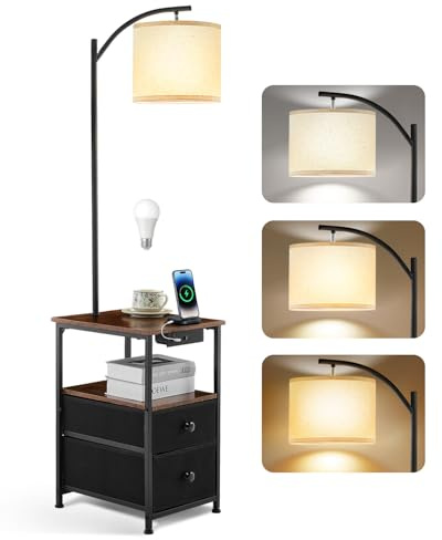Stehlampe mit Tisch und 2 Schubladen, Nachttischlampe mit USB & Typ-C Ladefunktion, Stehleuchte mit 3 Farbtemperaturen und verstellbarem Lampenschirm, LED Stehlampe für Wohnzimmer und Schlafzimmer