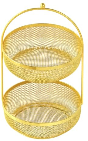 LOVIVER Fruit Basket Double Layer Display Stand Large Capacity Fruits Holder Metal Wire Fruit Bowl for Veggies Onion Banana Garden, golden