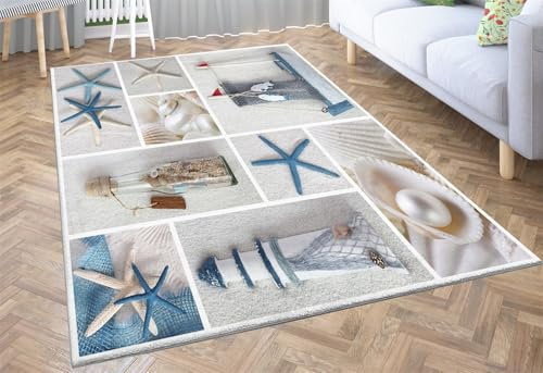 AUWUUA Waschbarer Teppich mit maritimen Ozeanmotiven, 60 x 210 cm, Blau, Boot, Seestern, Muschel, Perle, Fisch, realistisch, weich rutschfest Teppich für Eingangsbereich, Flur und Kinderzimmer.