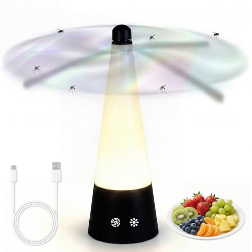 Wood Homing Fliegenabwehr Ventilator Tisch USB Aufladbar mit LED Licht – Elektrischer Fliegen Vertreiber gegen Obstfliegen & Mücken, Leiser Insektenabwehr Ventilator für Küche BBQ Picknick Outdoor