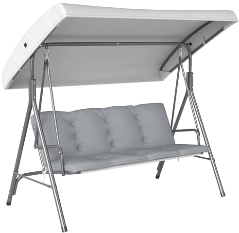 Outsunny Hollywoodschaukel, 3-Sitzer, hoher Komfort, Dach, verstellbare Neigung, dicke Kissen, abnehmbare Kissen, Polyester, Epoxidstahl, hellgrau