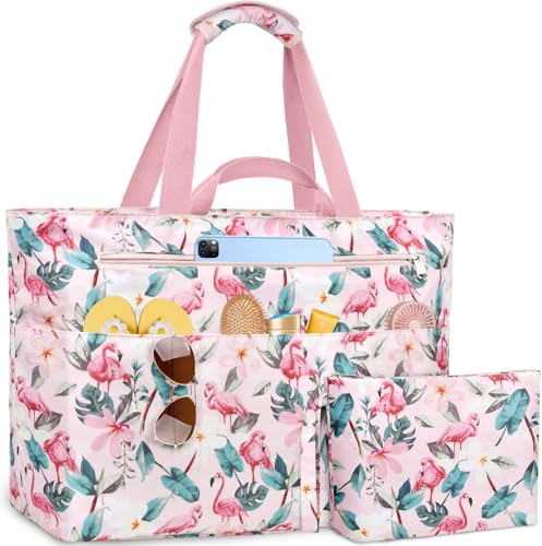 NEWIROVE Borsa Mare Grande Borsa Spiaggia Donna XXL Famigli Impermeabile Beach Bag Con Zip Pieghevole Borsa Da Spiaggia Multitasche Tote Bag Per Viaggio, Vacanza. 50L, Fenicottero rosa