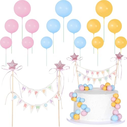 16 Stück Happy Birthday Tortendeko Mini Wimpelkette Rosa Blau Gelb Tortendeko Kugeln Kuchen Deko Happy Birthday Girlande Klein Cake Topper für Geburtstag, Babypartys