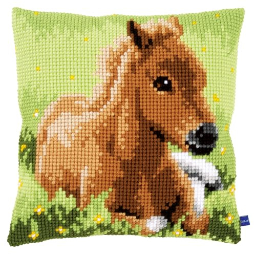 VERVACO Kreuzstich Stickpackungen Kissen Stickerei Set Anfänger Vorgedruckt Braunes Fohlen DIY Set Kreativ Set Für Erwachsene Dekoratives Kissen ca. 40 x 40 cm Bastelset Handwerker Haus Dekoration