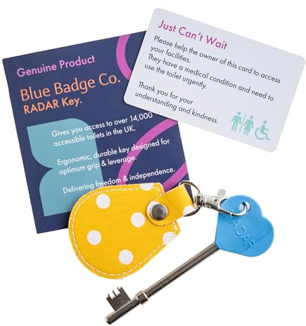Official & Genuine Radar Disabled Toilet Key with Spotty Canary Yellow | Fabric Keyring, UK NKS Standard Access Key for Accessible Toilets, Includes Free Just Can’t Wait Card – Easy Turn Key