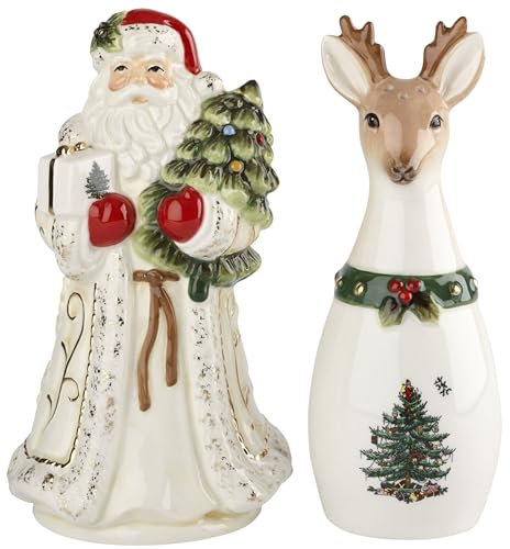 Spode Salero y pimentero dorado para árbol de Navidad, diseño de Papá Noel y reno, dolomita, salero y pimentero para cocina, comedor formal